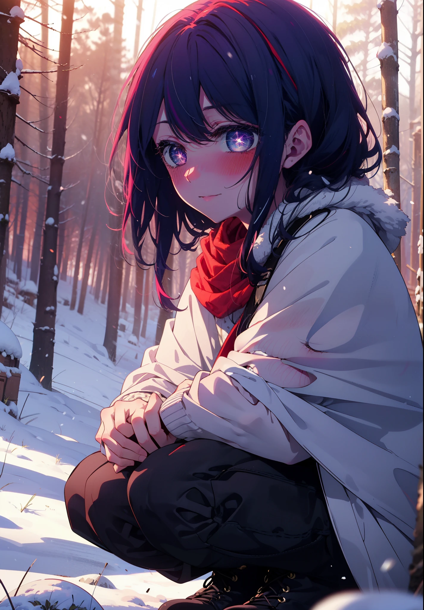 aihoshino, Ai Hoshino, Long Hair, bangs, (Purple eyes:1.1), Purple Hair, (Symbol-shaped pupil:1.5), smile,,smile,blush,White Breath,
Open your mouth,snow,Ground bonfire, Outdoor, boots, snowing, From the side, wood, suitcase, Cape, Blurred, , forest, White handbag, nature, Squat, Mouth closed, Cape, winter, Written boundary depth, Black shoes, red Cape break looking at viewer, Upper Body, whole body, break Outdoor, forest, nature, break (masterpiece:1.2), Highest quality, High resolution, unity 8k wallpaper, (shape:0.8), (Beautiful and beautiful eyes:1.6), Highly detailed face, Perfect lighting, Extremely detailed CG, (Perfect hands, Perfect Anatomy),