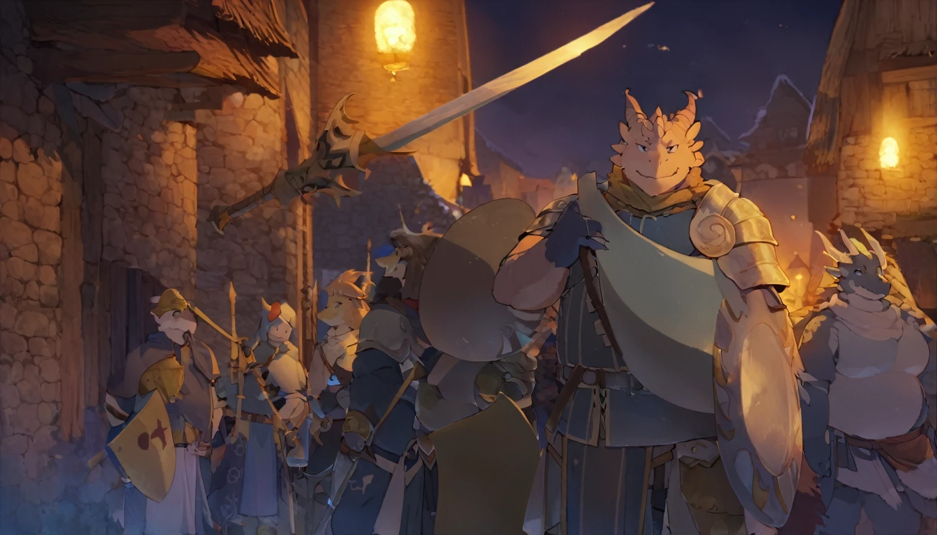 Dragon, male, furry anime,fat, chubby,main character,perfect body, detailed face,paladin,wearing Medieval adventure equipment ,A heavy greatsword on the back, Holding a large shield , medieval times, village,anthro,doujin,yaoi,fantasy world ,isekai, adventure,boukensha, masterpiece, Sinematic lighting,accurate, extremely detailed,artstation artwork,by quanjiang