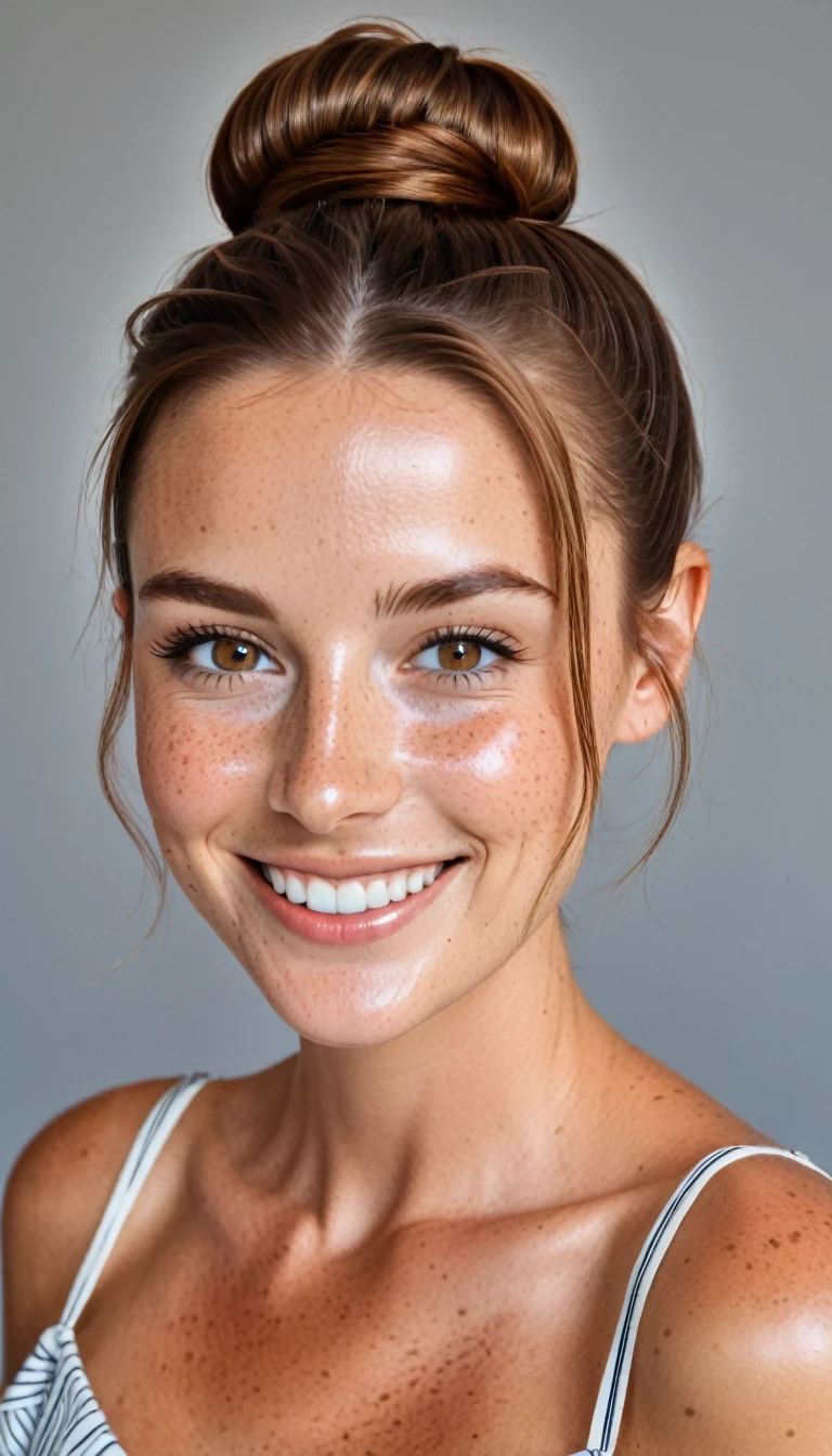 Gorgeous brown haired white woman with freckles smiling at viewer, beautiful face, short brown hair in a bun