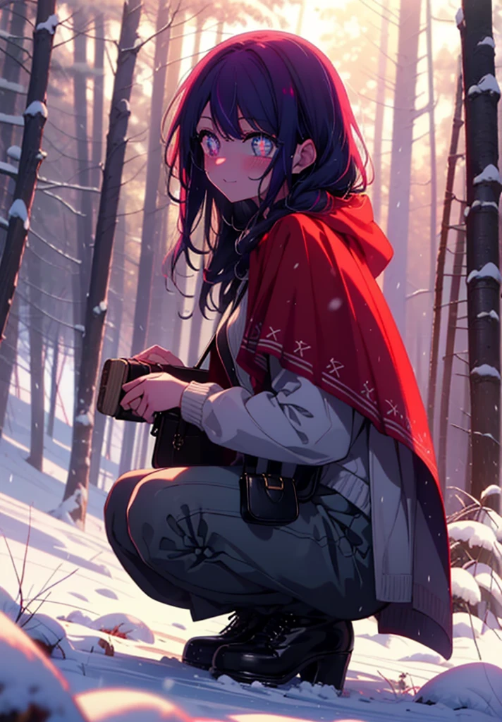 aihoshino, Ai Hoshino, Long Hair, bangs, (Purple eyes:1.1), Purple Hair, (Symbol-shaped pupil:1.5), smile,,smile,blush,White Breath,
Open your mouth,snow,Ground bonfire, Outdoor, boots, snowing, From the side, wood, suitcase, Cape, Blurred, , forest, White handbag, nature, Squat, Mouth closed, Cape, winter, Written boundary depth, Black shoes, red Cape break looking at viewer, Upper Body, whole body, break Outdoor, forest, nature, break (masterpiece:1.2), Highest quality, High resolution, unity 8k wallpaper, (shape:0.8), (Beautiful and beautiful eyes:1.6), Highly detailed face, Perfect lighting, Extremely detailed CG, (Perfect hands, Perfect Anatomy),