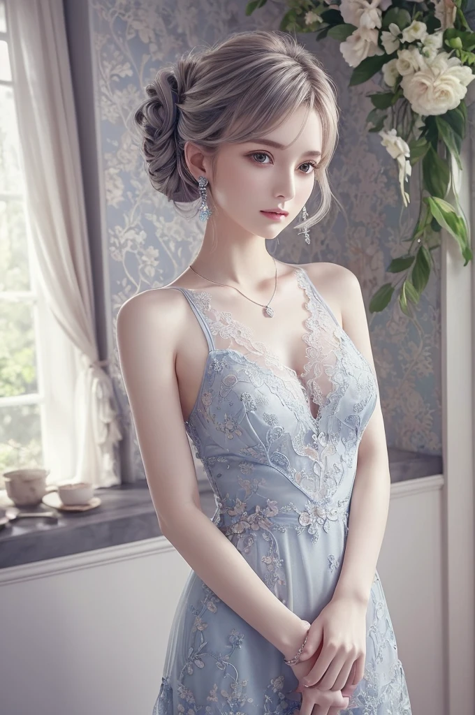 Blue lace thong&good, (((Very elegant and beautiful, Perfect detail, Very detailed))), whole body, The most detailed girl, Written boundary depth, 美しく詳細なwhole body, Thin legs, 1 Girl, 30 years old, Very short hair, Spiked Hair, Gray and silver hair, Beautiful detailed hair, Perfect Face, Expressionless, Beautiful, detailed, deep eyes, Please open your mouth a little, Delicate arms and hands, Pale skin, Earrings, Beautiful and gorgeous necklace, Colorful background, HD background, Blurred Background, Very delicate and beautiful, masterpiece, (((Highest quality, Very beautiful 8K CG wallpaper))), (((Trendy hairstyles))), (Inside the room,Stylish interior,window),
