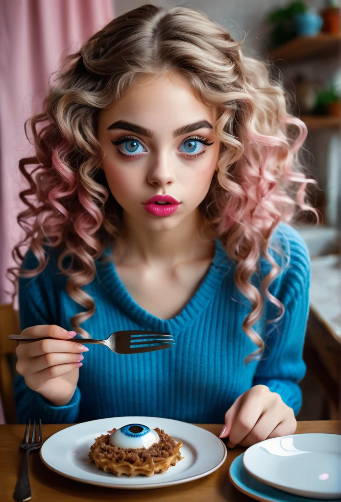A girl ((big wide gree eyes)) pink lips wearing blue pull overs. Long ears. White and brown mix hair in curls. Holding a fork and a knife in her hands. At a table((One huge eyeball is on a plate in front of her))