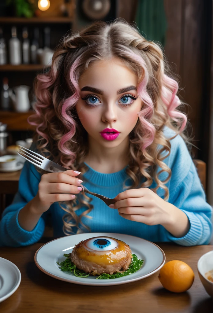 A girl  ((big wide gree eyes)) pink lips wearing blue pull overs. Long ears. White and brown mix hair in curls. Holding a fork and a knife in her hands. At a table((One huge eyeball is on a plate in front of her))