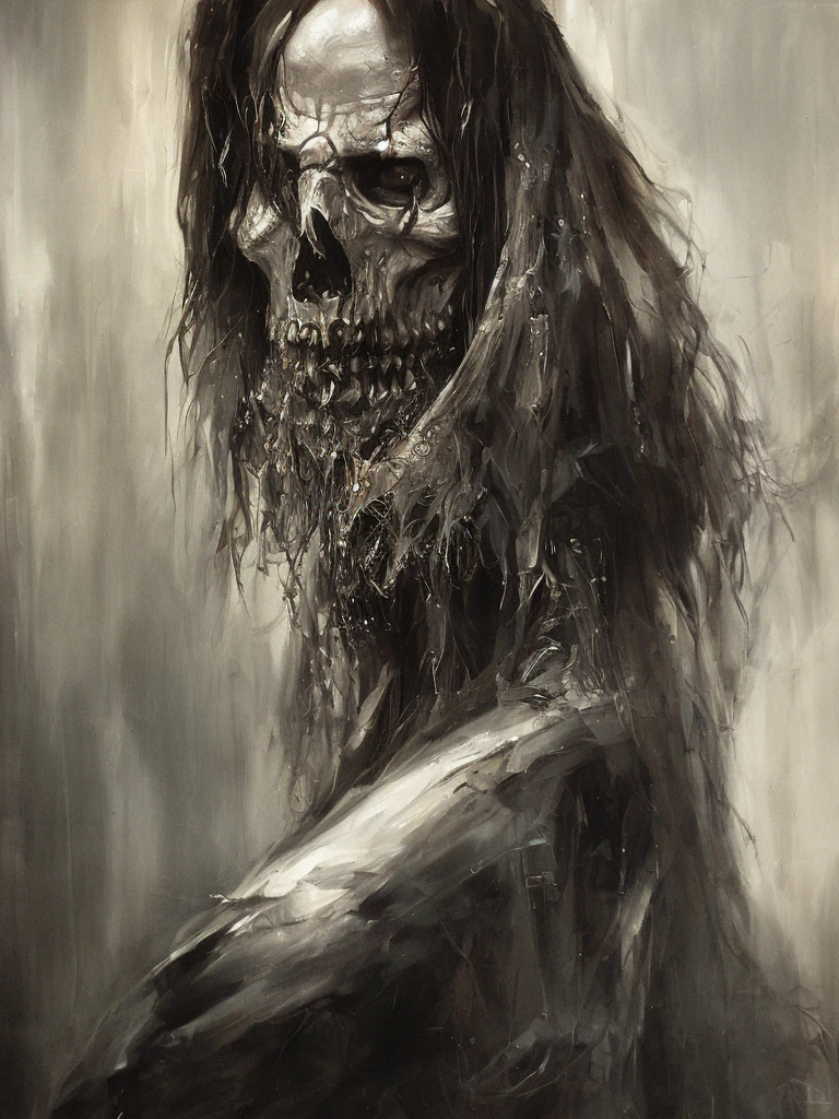 Portrait of the Grim Reaper with dark eyes, high chaos, dark atmosphere, intricate details, by Johan Grenier style, Alyssa Monks style