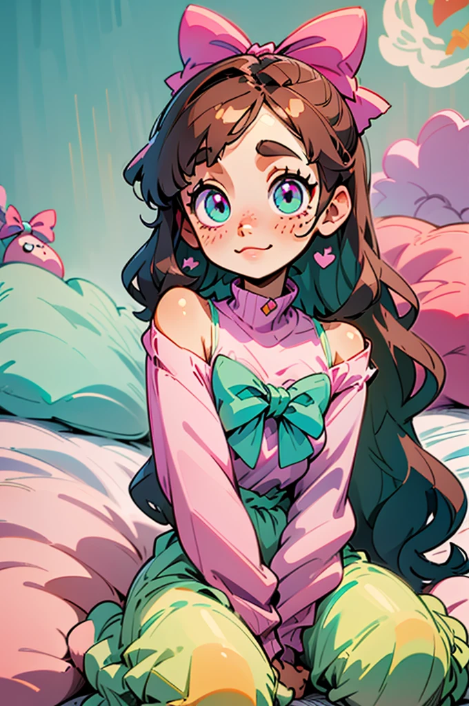 cute, happy, very long brunette hair, bangs, white bow in the back of hair, turquoise eyes, big eyes, pink oversized off shoulder sweater, kawaii, comfy, pink bedroom, sit on bed, gamer, adorable, cuteness, shy, freckles