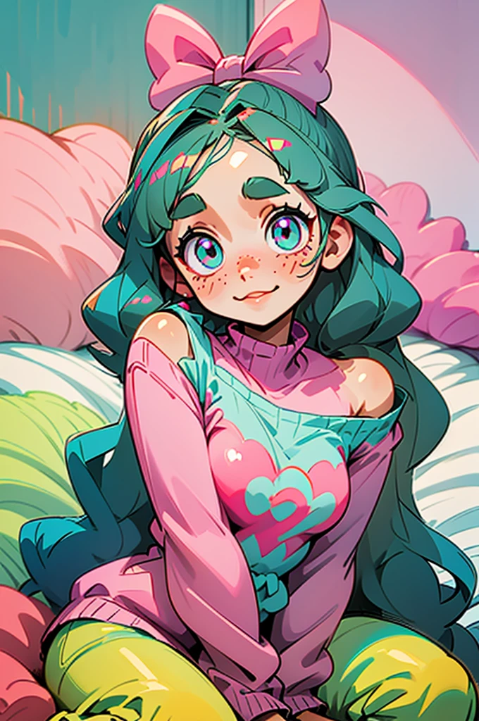 cute, happy, very long brunette hair, bangs, white bow in the back of hair, turquoise eyes, big eyes, pink oversized off shoulder sweater, kawaii, comfy, pink bedroom, sit on bed, gamer, adorable, cuteness, shy, freckles