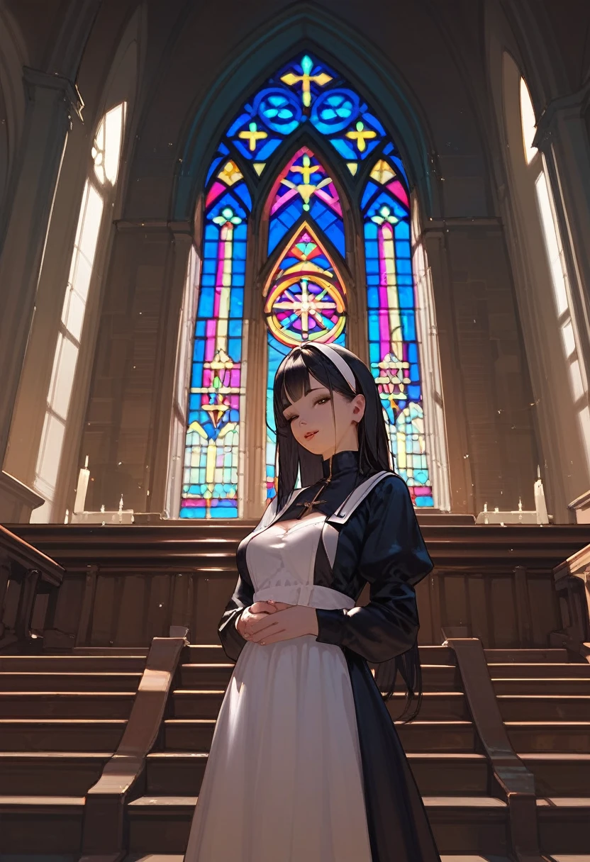 Girl, long black hair, church, big 