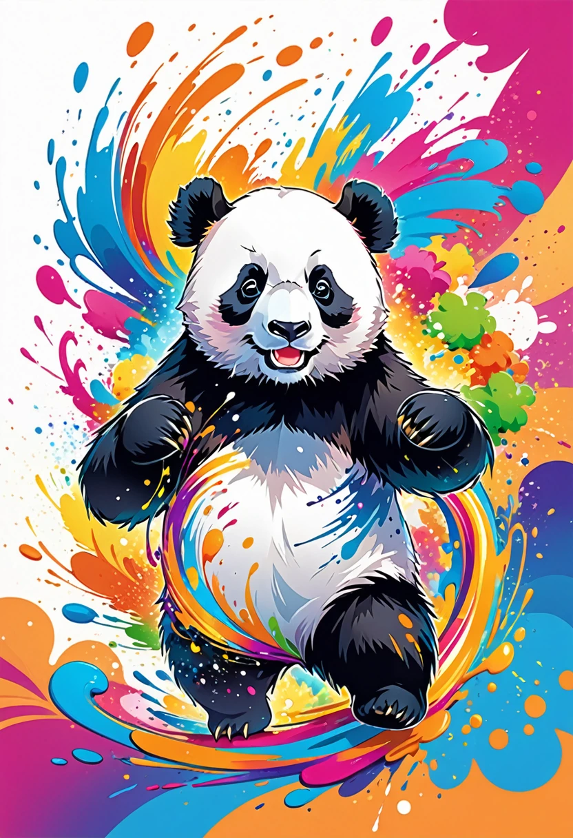 vectorial art, Colorful illustration with a panda, At the center, swirly vibrant colors, paint splashes and smears, high détail,Hawaiian style background