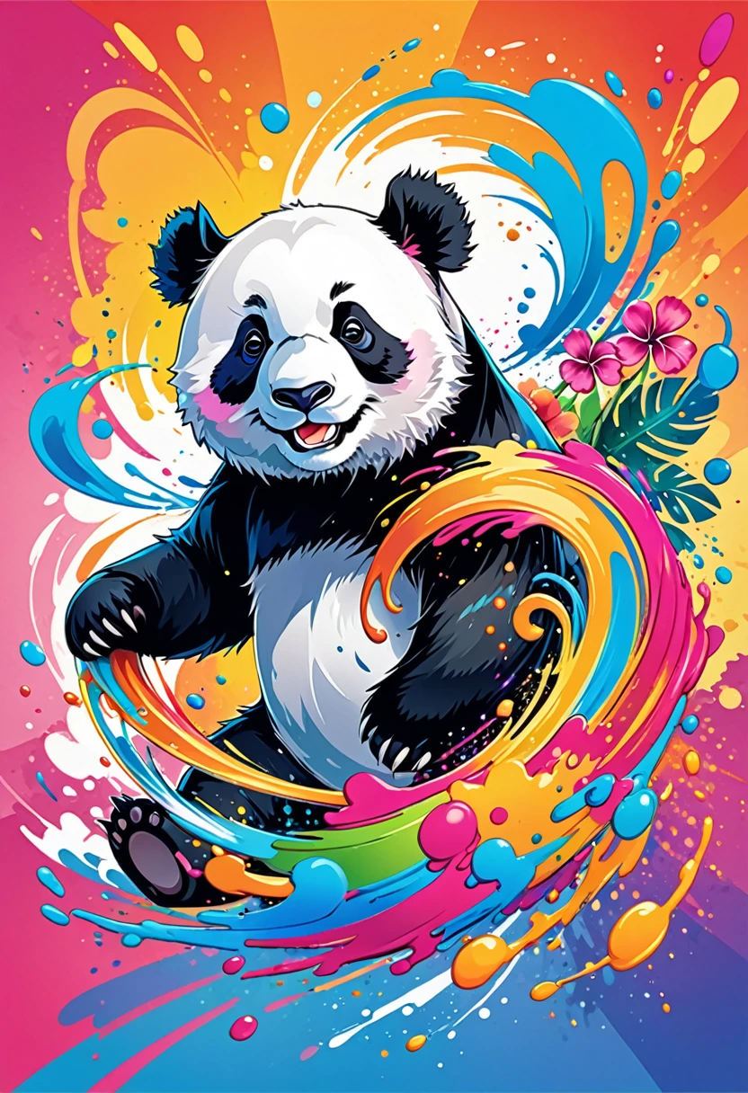 vectorial art, Colorful illustration with a panda, At the center, swirly vibrant colors, paint splashes and smears, high détail,Hawaiian style background