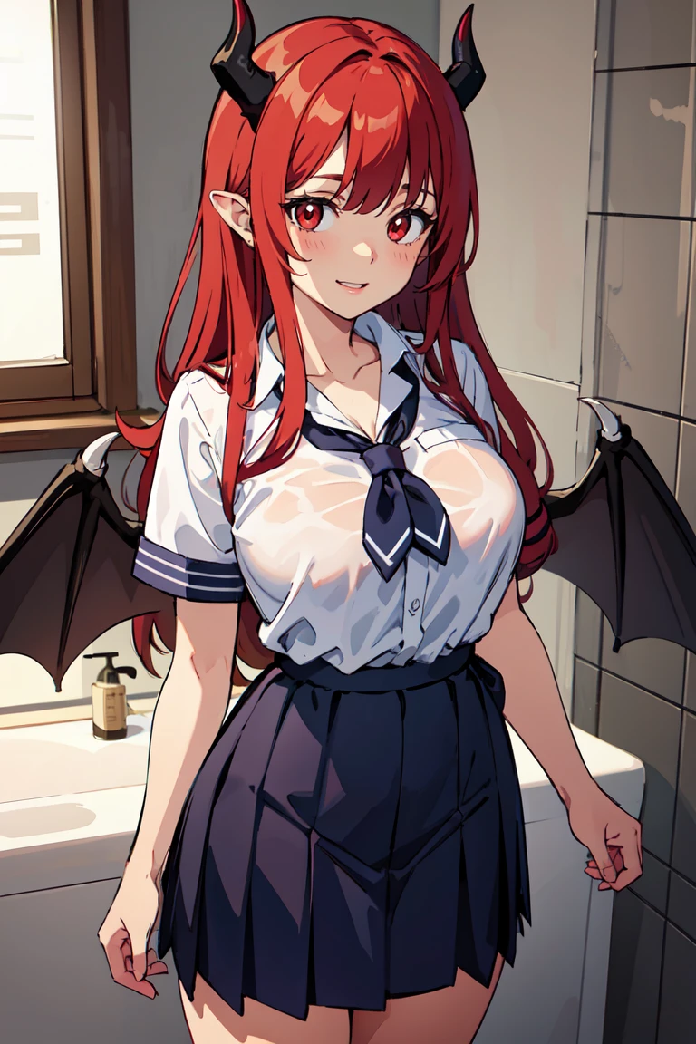 masterpiece, best quality, highly detailed background, perfect lighting, best quality, (extremely detailed face), volumetric lighting, intricate details, shadow, tonemapping, sharp focus, hyper detailed, trending on Artstation, (solo), (Background in the bathroom) .Girl with bat wings, Devil, devil horns, long red hair. Red eyes. Sexy. curvy. Blush, Clear skin. Belly in sight. Big bust. Smile, ((with school report)) ((Dressed as a schoolgirl)) 