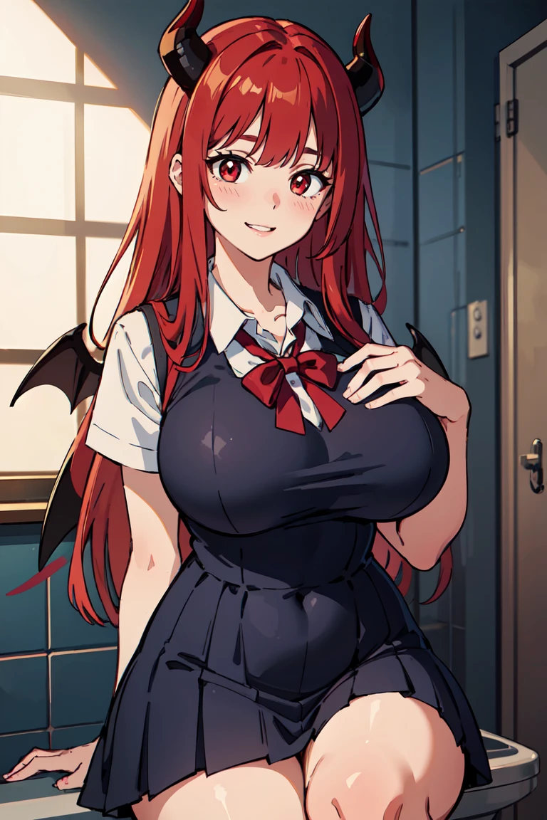 masterpiece, best quality, highly detailed background, perfect lighting, best quality, (extremely detailed face), volumetric lighting, intricate details, shadow, tonemapping, sharp focus, hyper detailed, trending on Artstation, (solo), (Background in the bathroom) .Girl with bat wings, Devil, devil horns, long red hair. Red eyes. Sexy. curvy. Blush, Clear skin. Belly in sight. Big bust. Smile, ((with school report)) ((Dressed as a schoolgirl))