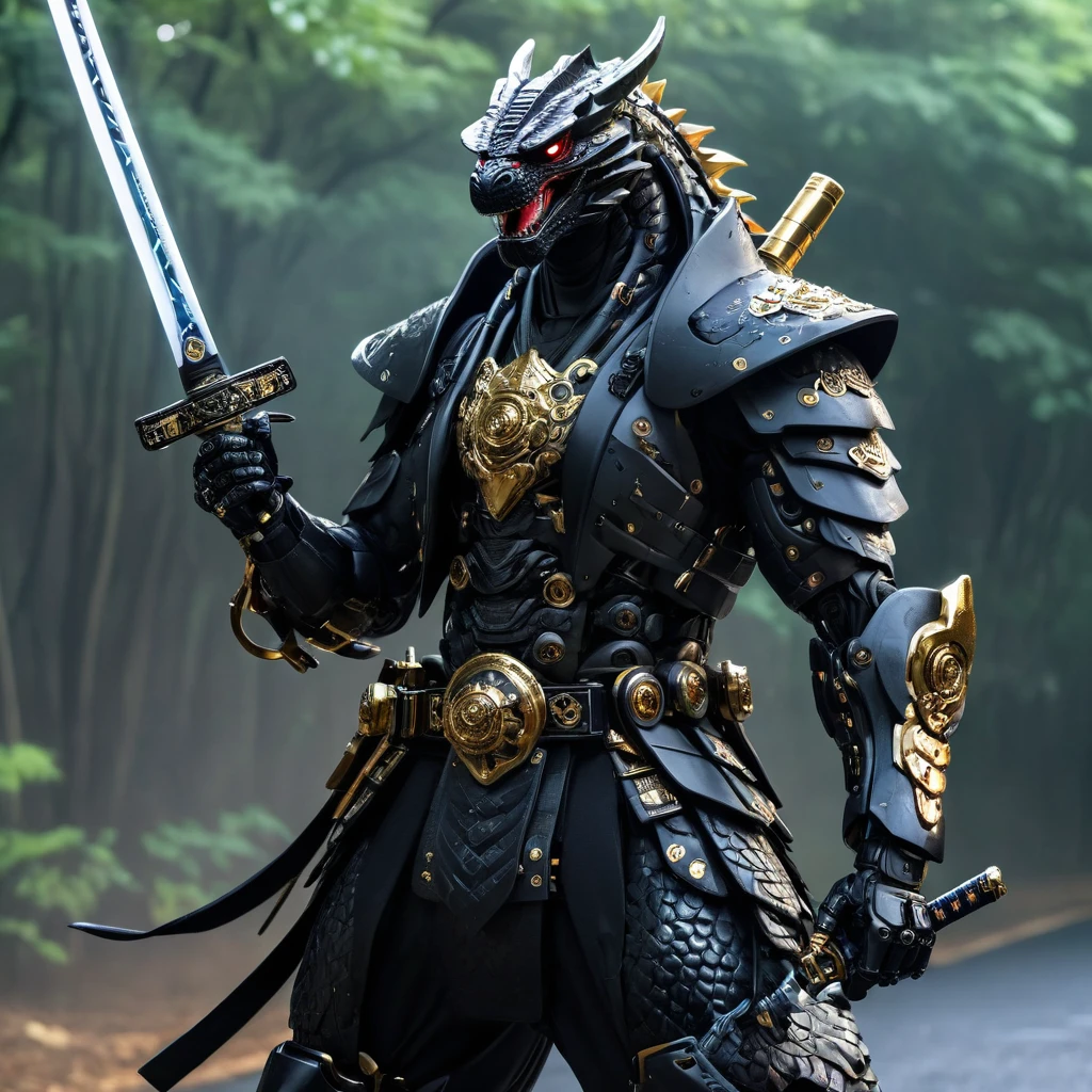 araffe dressed in a black suit holding a sword and a sword, cyborg samurai, cyber japan samurai armor, cyberpunk samurai, very beautiful cyberpunk samurai, full samurai armor godzilla , bio - mechanical ninja samurai, portrait of a cyberpunk samurai, cyber japan style armor, cyber japan armor, celtic and cyberpunk armor, black godzilla samurai, intricate assasin mecha godzilla. armor