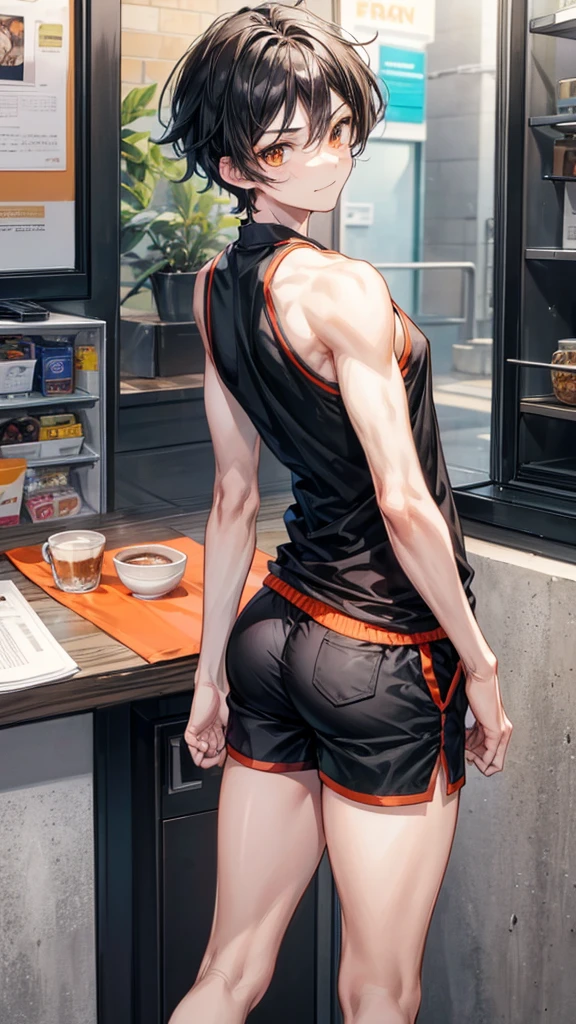 College boy, handsome boy, short black messy boy hair, orange eyes, black binder top, black mirco shorts, light smile, black shorts, muscular, ass, bent over, large thick ass, thick thighs looking back, looking at viewer, embarrassed, coffee shop, male character (1.0), flat chested, guy, boy, male character, not a girl, masculine face