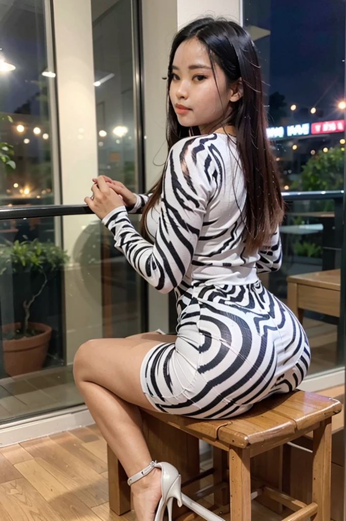 best quality, 8k, (full body view:1.5), pretty lady MoonLay, highly detailed face and skin texture, ((big booty long hair asian girl)), (((vertical zebra pattern short bodycon long sleeve dress:1.3))), (sexy smile), ((at night club background)), (glossy blue elegant sleek stiletto high heel), (sitting on a stool), look front, (back view:1.5), (buttock face at viewer), (pose with making her buttock seductively bigger:1.2), (disco sport light on), sharp focus,*, perfect anatomy, perfect legs, perfect hands,