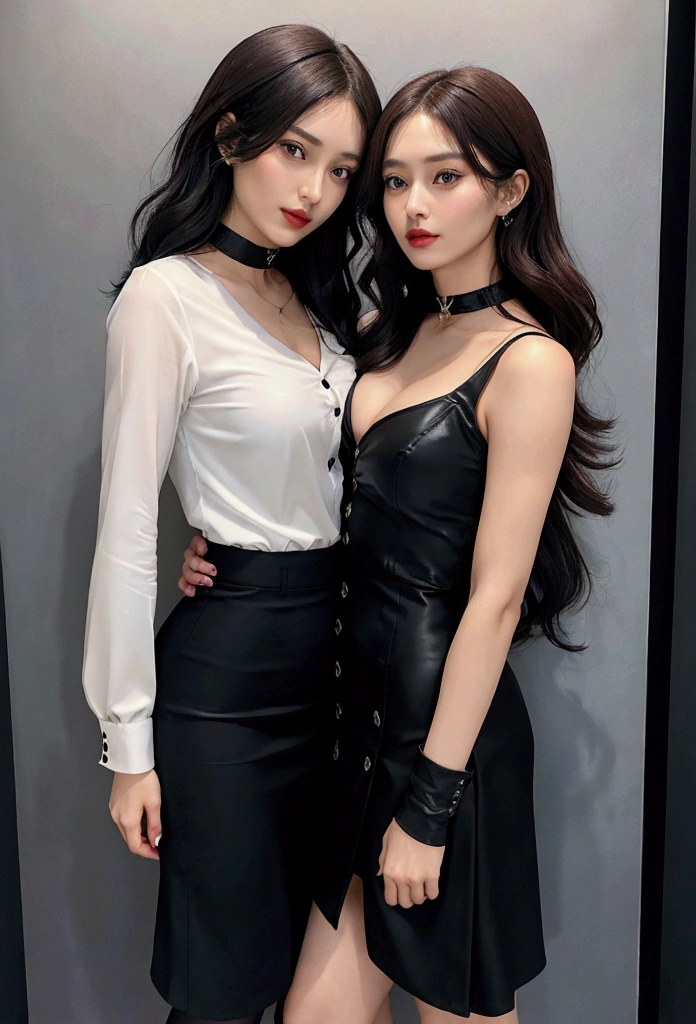 two women.at work place.hugging each other.One has very short and brown hair, a woman's black suit with a tight white shirt with the button open, red high-heeled shoes..The other woman has long and wavy black hair and is wearing a black coat and short skirt with a long choker, thin black tights, and red high heels..High Quality.High detail on the body..Full details in face, face, eyes and hands. Affection.Love.sexy.came.lesbian.Poseidon.Big and firm breasts.flat stomach.thin waist, narrow waisted.Fashion Show.Just reflective.عاشقانه two women.Lip Catching..touching each other