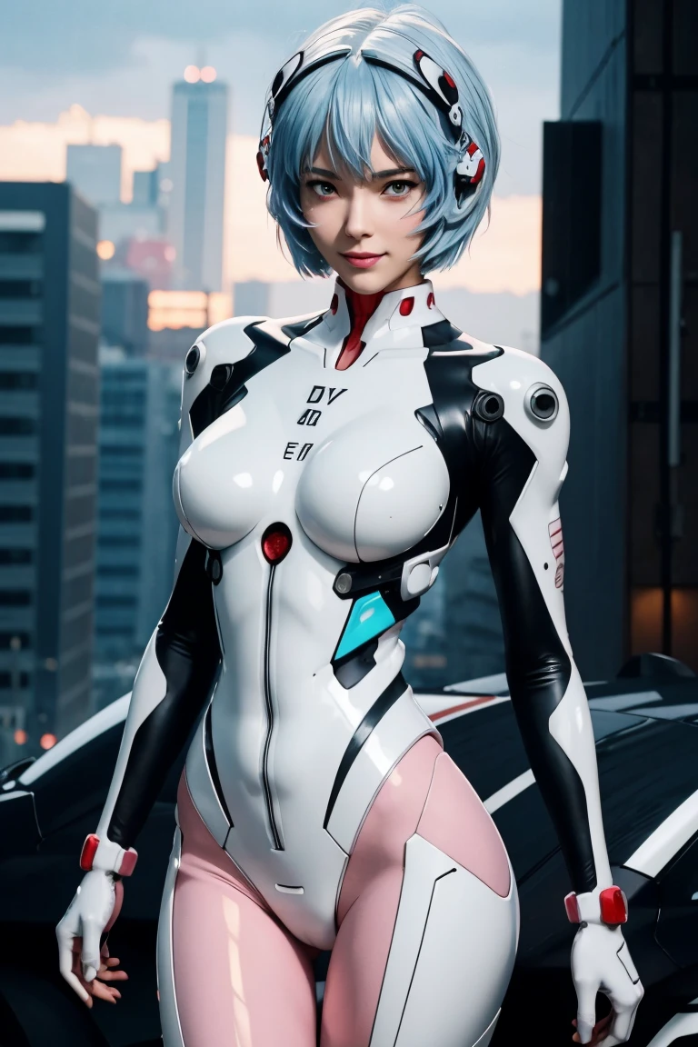 Evangelion,Rei Ayanami,Silver Blue Hair,Red eyes,Red Eyes,Plug Suit,Bodysuits,Interface Headset,白いBodysuits,Ultra HD,super high quality,masterpiece,Digital SLR,Photorealistic,Detailed details,Vivid details,Depicted in detail,A detailed face,Detailed details,Super Detail,Realistic skin texture,Anatomical basis,Perfect Anatomy,Anatomically correct hand,Anatomically correct fingers,Complex 3D rendering,Sexy pose,Rainy Sky,Beautiful scenery,Fantastic rainy sky,Picturesque,Pink Lips,smile,