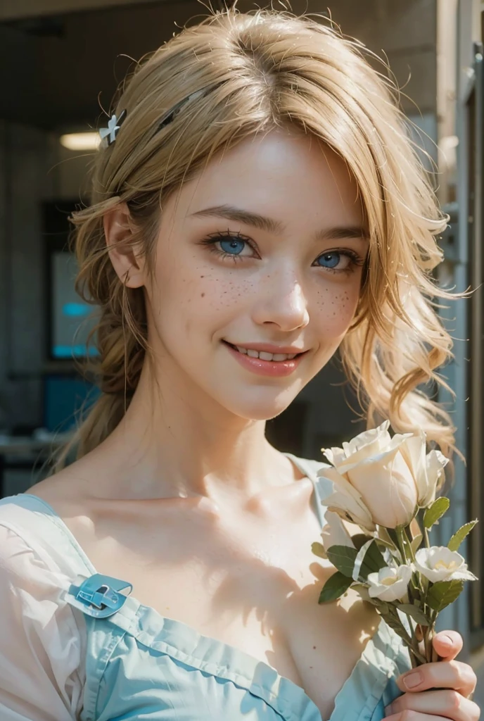 (best quality,4k,8k,highres,masterpiece:1.2), ultra-detailed, (realistic,photorealistic,photo-realistic:1.37), (beautiful detailed blue eyes, beautiful detailed lips, extremely detailed eyes, light freckles around her nose and face, beautiful detailed long white hair), studio lighting, physically-based rendering,vivid colors, (big tits, super big , super extra big tits:0.8), (combat medic:1.5), (soft lighting:0.8), (portrait, smile:1.5),