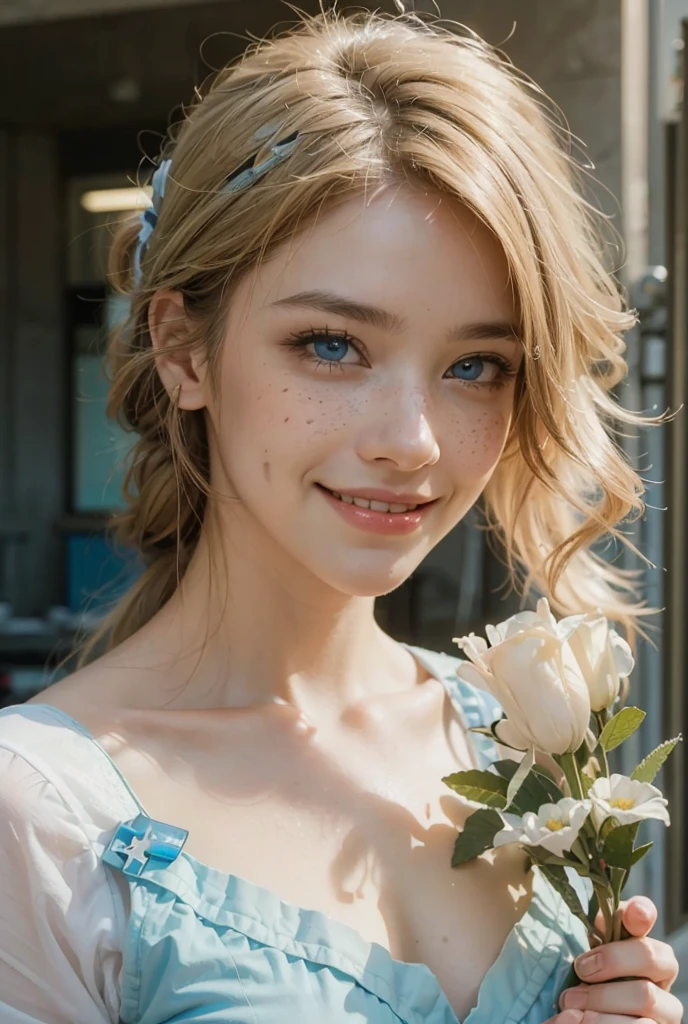 (best quality,4k,8k,highres,masterpiece:1.2), ultra-detailed, (realistic,photorealistic,photo-realistic:1.37), (beautiful detailed blue eyes, beautiful detailed lips, extremely detailed eyes, light freckles around her nose and face, beautiful detailed long white hair), studio lighting, physically-based rendering,vivid colors, (big tits, super big , super extra big tits:0.8), (combat medic:1.5), (soft lighting:0.8), (portrait, smile:1.5),