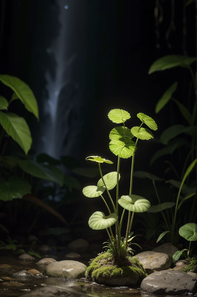 (work of art, best qualityer, high qualiy, high resolution:1.4), detailded, Extremely detailded, soft ambient lighting, 4K, Background, Depth of field, bokeh, DOF, FOG, blossom, plein-air, (naturey, tropical rainforest:1.2), (stones:1.2), Mountais, plants, waterfall, raizes das plants destacados em 2d, raizes de toadstools destacadas em cor branca, toadstools luminosos, toadstools, in the light, fullmoon, floret, Starry sky, firefly lights, luminous insects. 