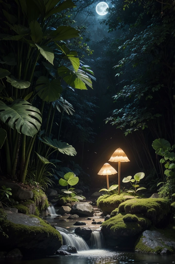 (work of art, best qualityer, high qualiy, high resolution:1.4), detailded, Extremely detailded, soft ambient lighting, 4K, Background, Depth of field, bokeh, DOF, FOG, blossom, plein-air, (naturey, tropical rainforest:1.2), (stones:1.2), Mountais, plants, waterfall, raizes das plants destacados em 2d, raizes de toadstools destacadas em cor branca, toadstools luminosos, toadstools, in the light, fullmoon, floret, Starry sky, firefly lights, luminous insects. 