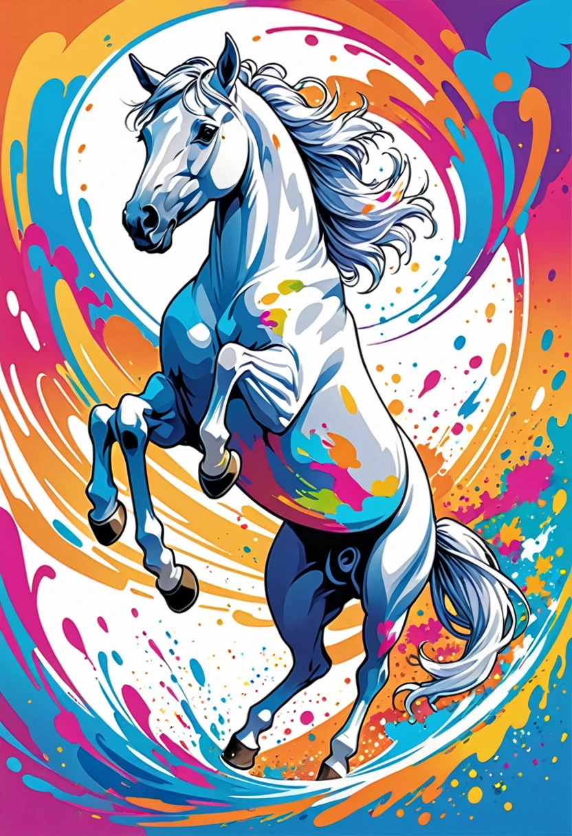 vectorial art, Colorful illustration with a white horse jumping, At the center, swirly vibrant colors, paint splashes and smears, high détail,Hawaii style background.