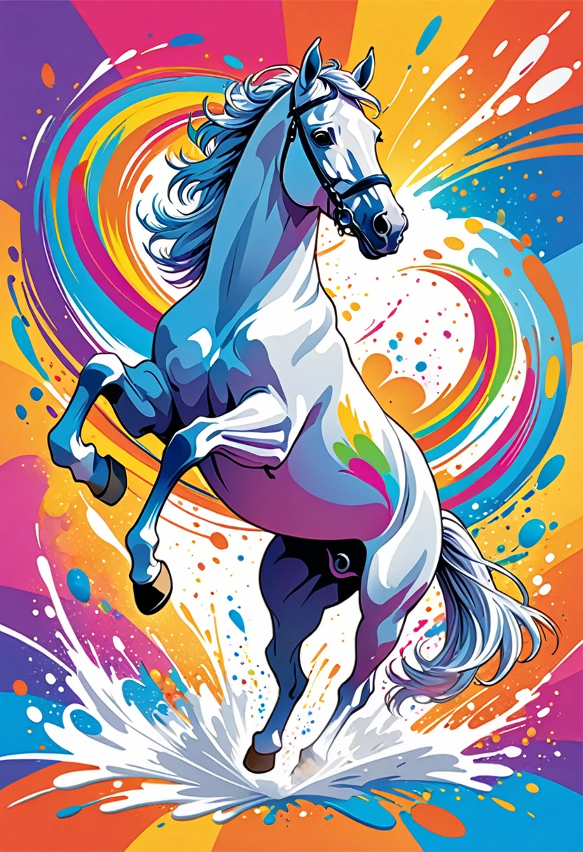 vectorial art, Colorful illustration with a white horse jumping, At the center, swirly vibrant colors, paint splashes and smears, high détail,Hawaii style background. 