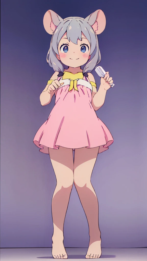 ((masterpiece))((Highest quality))Mouse Ears、girl、smile、blush、Flat Chest、Are thin、、low length、Gray Hair、blush、Are standing、Whole body image、Even your toes are visible、Eye level on face、front、No background、Mouse pose、真frontのアングル、