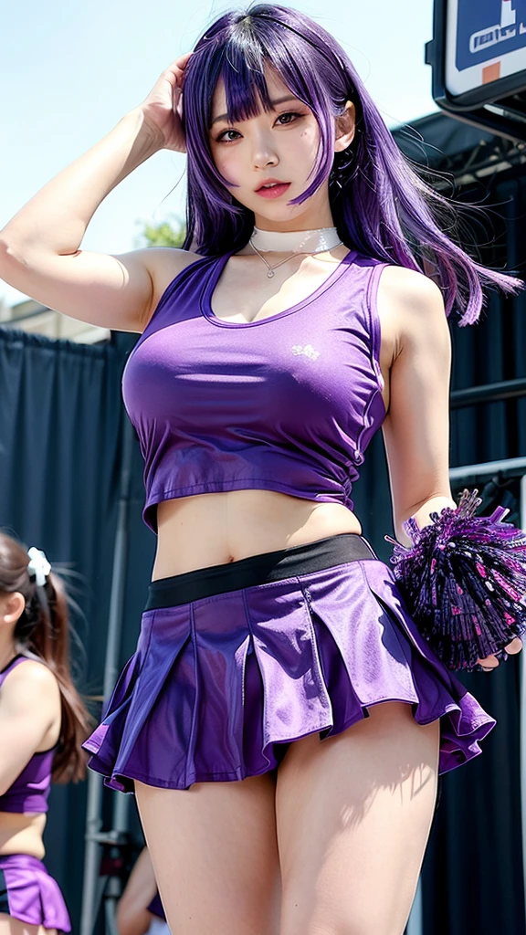 Cheerleader、Sheer tank top、Big Tits、Transparent nipples、Sheer skirt、volleyball、stage、Purple Hair