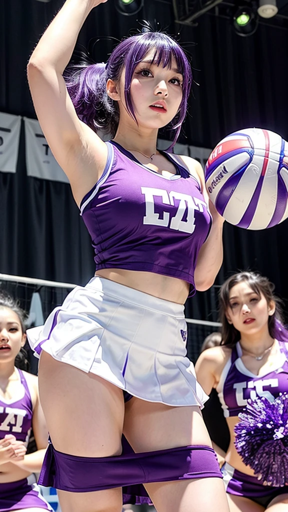 Cheerleader、Sheer tank top、、Transparent nipples、kirt、volleyball、stage、Purple Hair