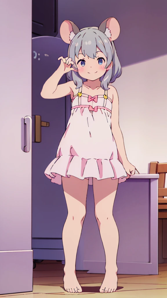 ((masterpiece))((Highest quality))Mouse Ears、girl、smile、blush、Flat Chest、Are thin、、low length、Gray Hair、blush、Are standing、Whole body image、Even your toes are visible、Eye level on face、front、No background、Mouse pose、真frontのアングル、