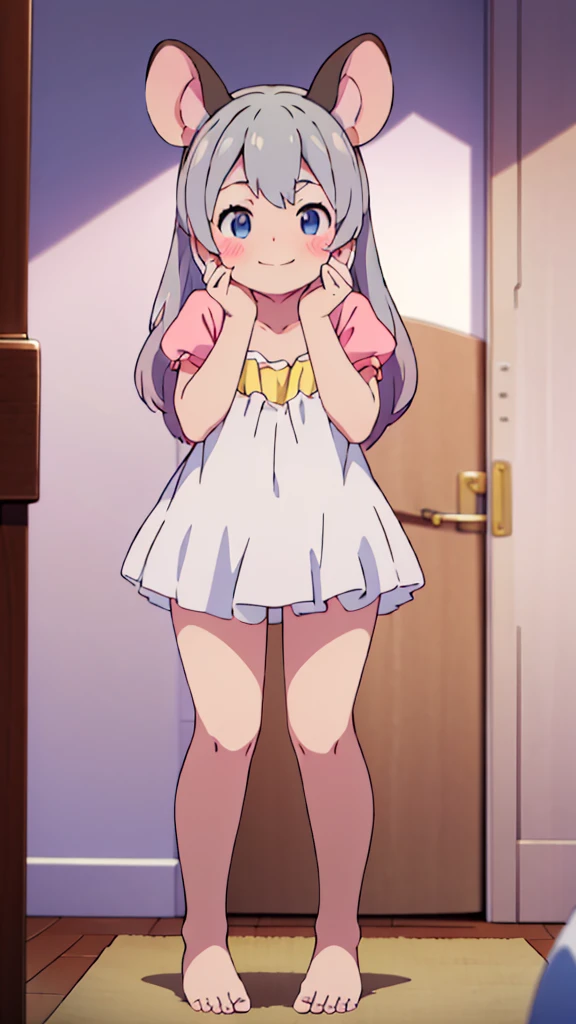 ((masterpiece))((Highest quality))Mouse Ears、girl、smile、blush、Flat Chest、Are thin、、low length、Gray Hair、blush、Are standing、Whole body image、Even your toes are visible、Eye level on face、front、No background、Mouse pose、真frontのアングル、