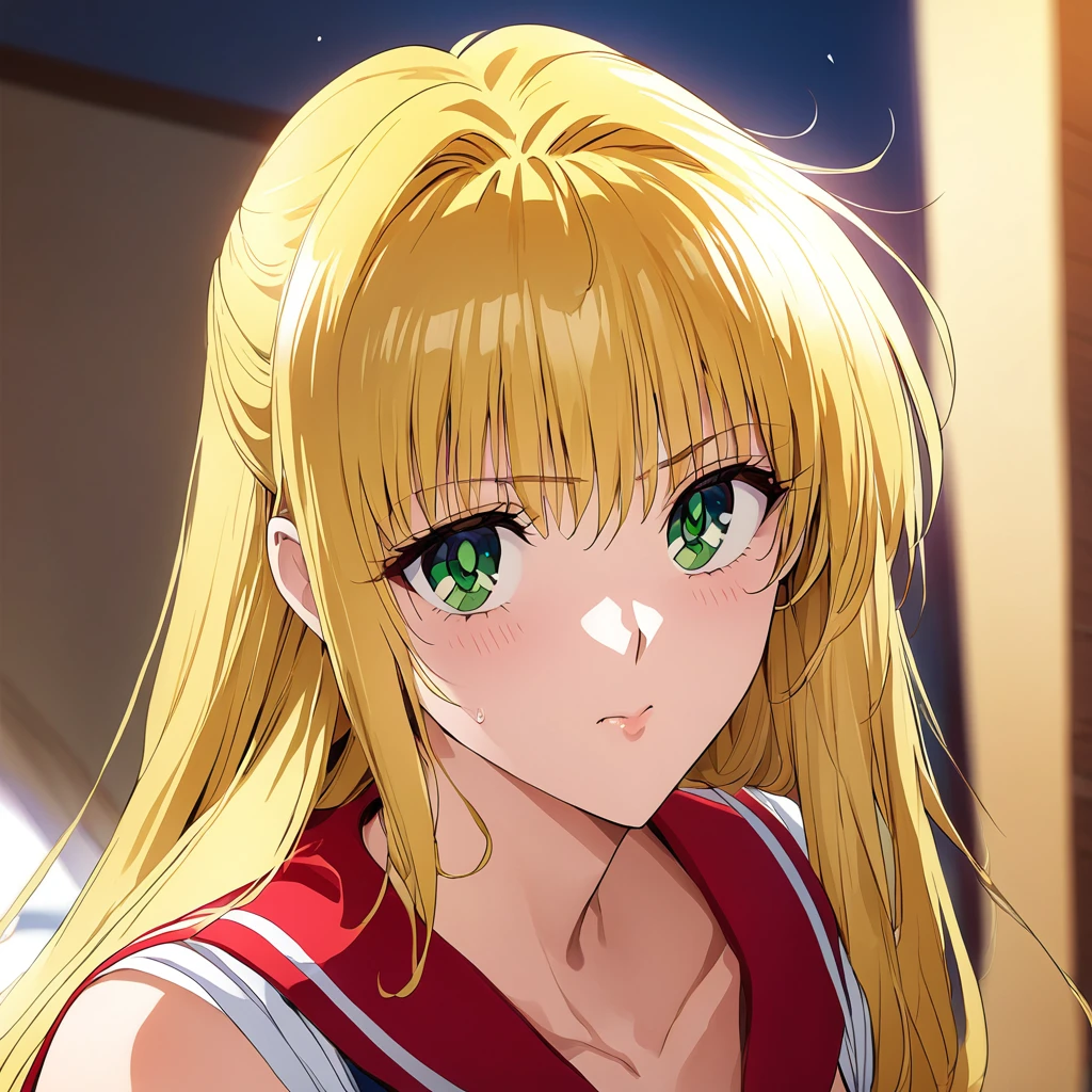 ((Highest quality)), ((masterpiece)), (detailed), (Perfect Face)、The woman is Tearju, a sailor warrior with green eyes and medium-long blonde hair.