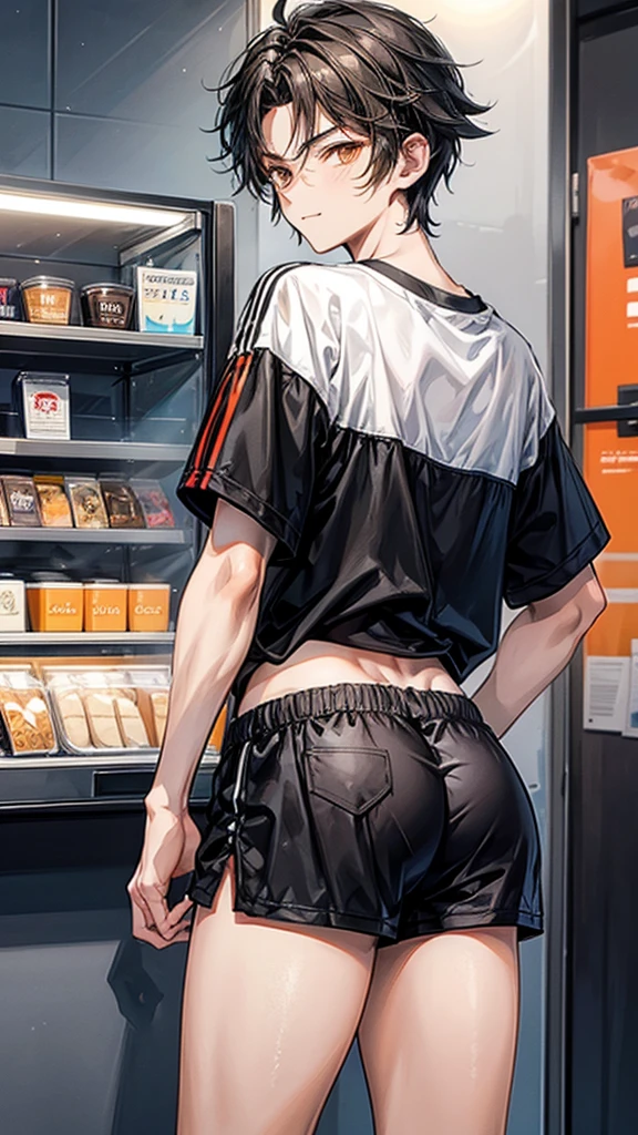 College boy, handsome boy, short black messy boy hair, orange eyes, black binder top, black mirco shorts, light smile, black shorts, muscular, ass, bent over, large thick ass, thick thighs looking back, looking at viewer, embarrassed, coffee shop, male character (1.0), flat chested, guy, boy, male character, not a girl, masculine face