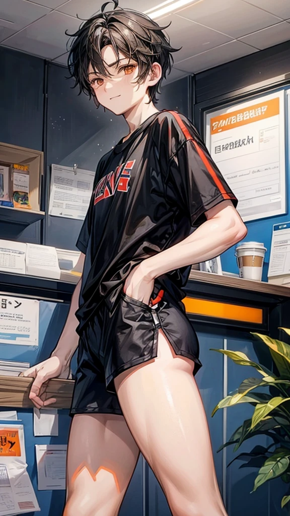 College boy, handsome boy, short black messy boy hair, orange eyes, black binder top, black mirco shorts, light smile, black shorts, muscular, ass, bent over, large thick ass, thick thighs looking back, looking at viewer, embarrassed, coffee shop, male character (1.0), flat chested, guy, boy, male character, not a girl, masculine face