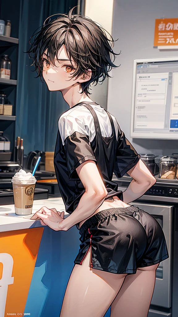 College boy, handsome boy, short black messy boy hair, orange eyes, black binder top, black mirco shorts, light smile, black shorts, muscular, ass, bent over, large thick ass, thick thighs looking back, looking at viewer, embarrassed, coffee shop, male character (1.0), flat chested, guy, boy, male character, not a girl, masculine face