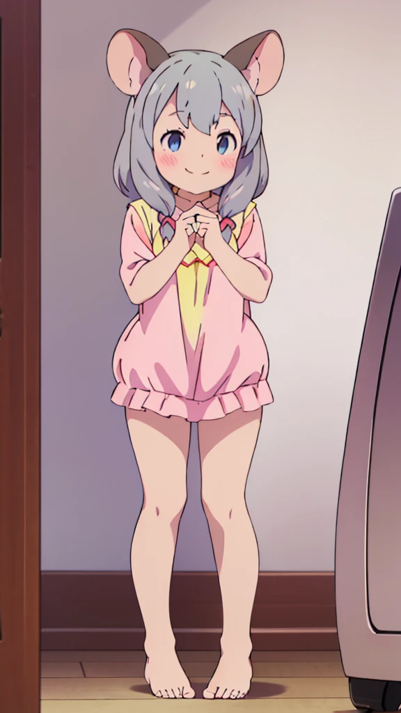 ((masterpiece))((Highest quality))Mouse Ears、girl、smile、blush、Flat Chest、Are thin、、low length、Gray Hair、blush、Are standing、Whole body image、Even your toes are visible、Eye level on face、front、No background、Mouse pose、真frontのアングル、