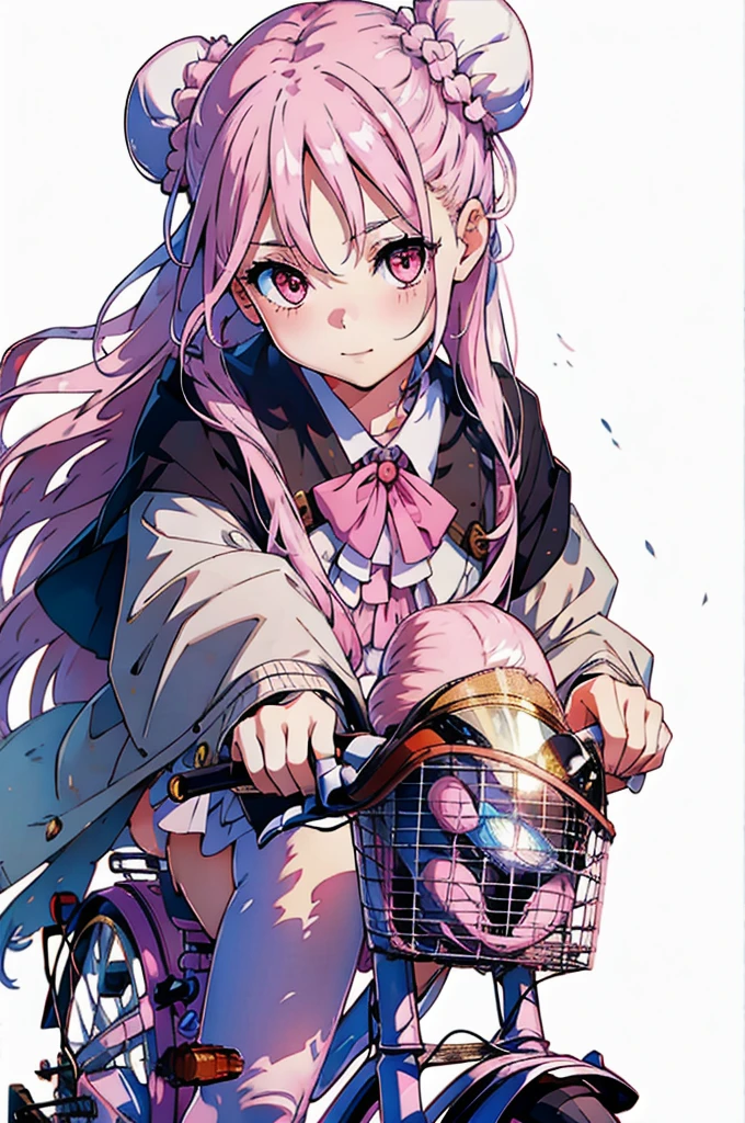 masterpiece, Highest quality, High resolution, {Detailed and beautiful eyes}, finely, Detailed and beautiful eyes,1 Girl, (alone:1.5), (Hair Ribbon:0.4), Pink Eyes,Cinematic Angles,perspective,(((White bun hair))),(((Long pink hair))),ride a bicycle, alone, smile,