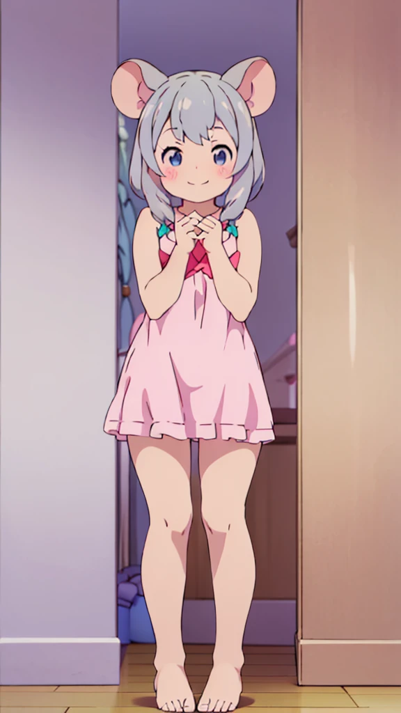 ((masterpiece))((Highest quality))Mouse Ears、girl、smile、blush、Flat Chest、Are thin、、low length、Gray Hair、blush、Are standing、Whole body image、Even your toes are visible、Eye level on face、front、No background、Mouse pose、真frontのアングル、