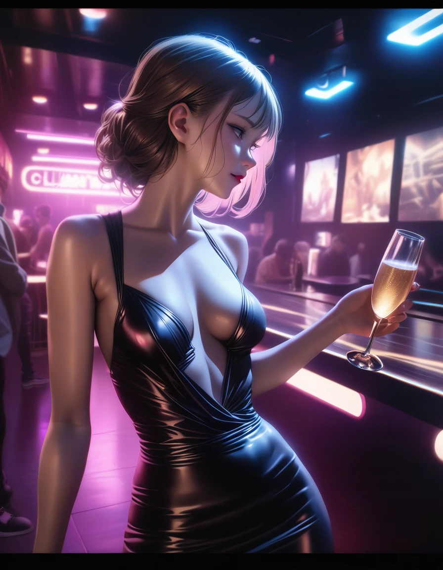 a young girl, , wearing a tight dress, holding a glass of champagne, happy, in a nightclub, detailed facial features, intricate dress, bright lighting, cinematic atmosphere, chiaroscuro lighting, moody colors, neon lights, photorealistic, (best quality,4k,8k,highres,masterpiece:1.2),ultra-detailed,(realistic,photorealistic,photo-realistic:1.37)