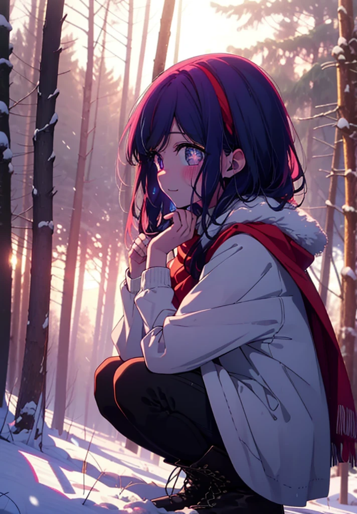 aihoshino, Ai Hoshino, Long Hair, bangs, (Purple eyes:1.1), Purple Hair, (Symbol-shaped pupil:1.5), smile,,smile,blush,White Breath,
Open your mouth,snow,Ground bonfire, Outdoor, boots, snowing, From the side, wood, suitcase, Cape, Blurred, , forest, White handbag, nature, Squat, Mouth closed, Cape, winter, Written boundary depth, Black shoes, red Cape break looking at viewer, Upper Body, whole body, break Outdoor, forest, nature, break (masterpiece:1.2), Highest quality, High resolution, unity 8k wallpaper, (shape:0.8), (Beautiful and beautiful eyes:1.6), Highly detailed face, Perfect lighting, Extremely detailed CG, (Perfect hands, Perfect Anatomy),