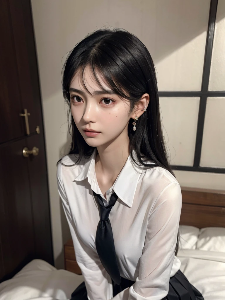 absurdres, RAW photo, extremely delicate and beautiful, masterpiece, Best Quality, ultra high resolution, 32k, hyperrealistic, ultra-detailed, perfect figure, in her 20s, very small head, very small face, delicate facial features, tearful mole, earring, huge breasts, legs, full body shot, medium hair, black hair, colored inner hair, sweat, school_uniform,