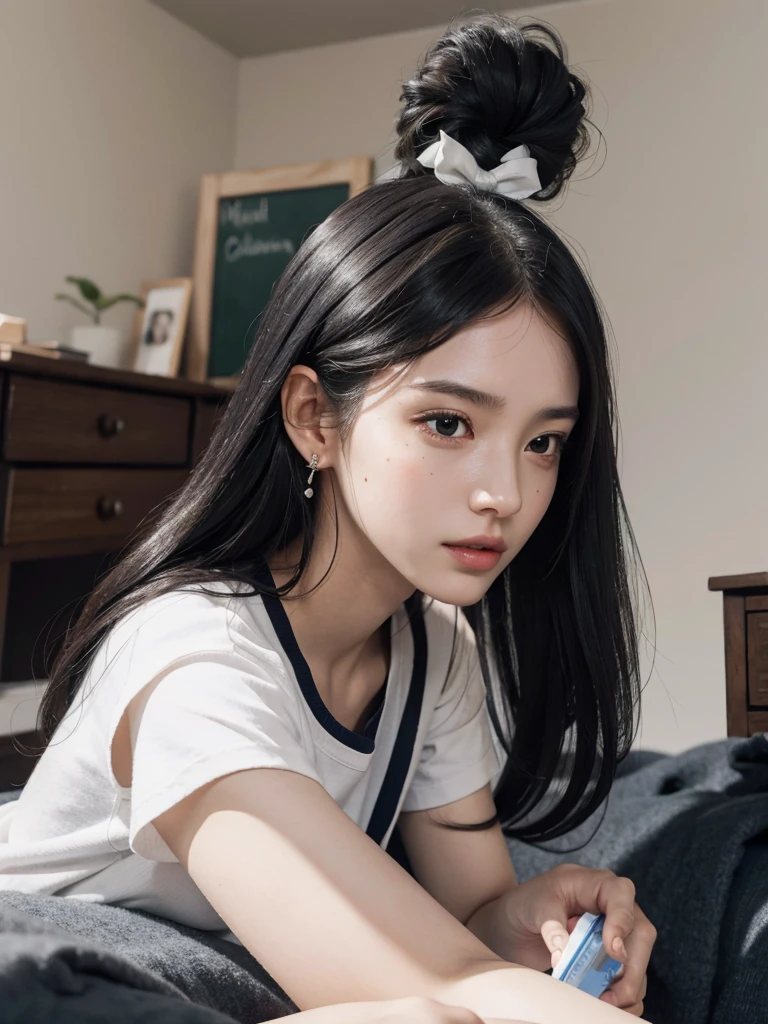 absurdres, RAW photo, extremely delicate and beautiful, masterpiece, Best Quality, ultra high resolution, 32k, hyperrealistic, ultra-detailed, perfect figure, in her 20s, very small head, very small face, delicate facial features, tearful mole, earring, huge breasts, legs, full body shot, medium hair, black hair, colored inner hair, sweat, school_uniform,
