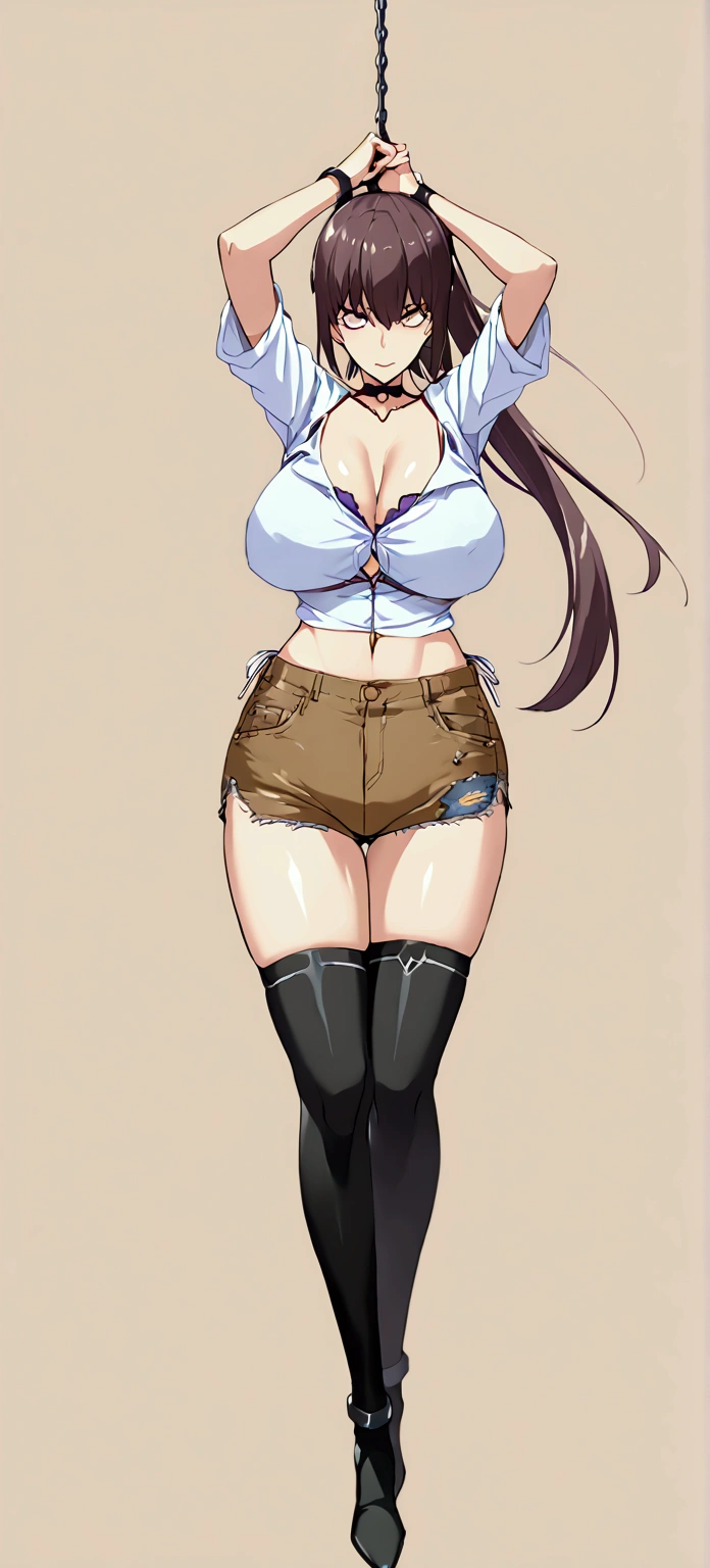 Slender and sexy woman,Black thigh-high boots,Beige jean shorts,Molester,Chained,Constraints,ponytail,suspension,Suspension,