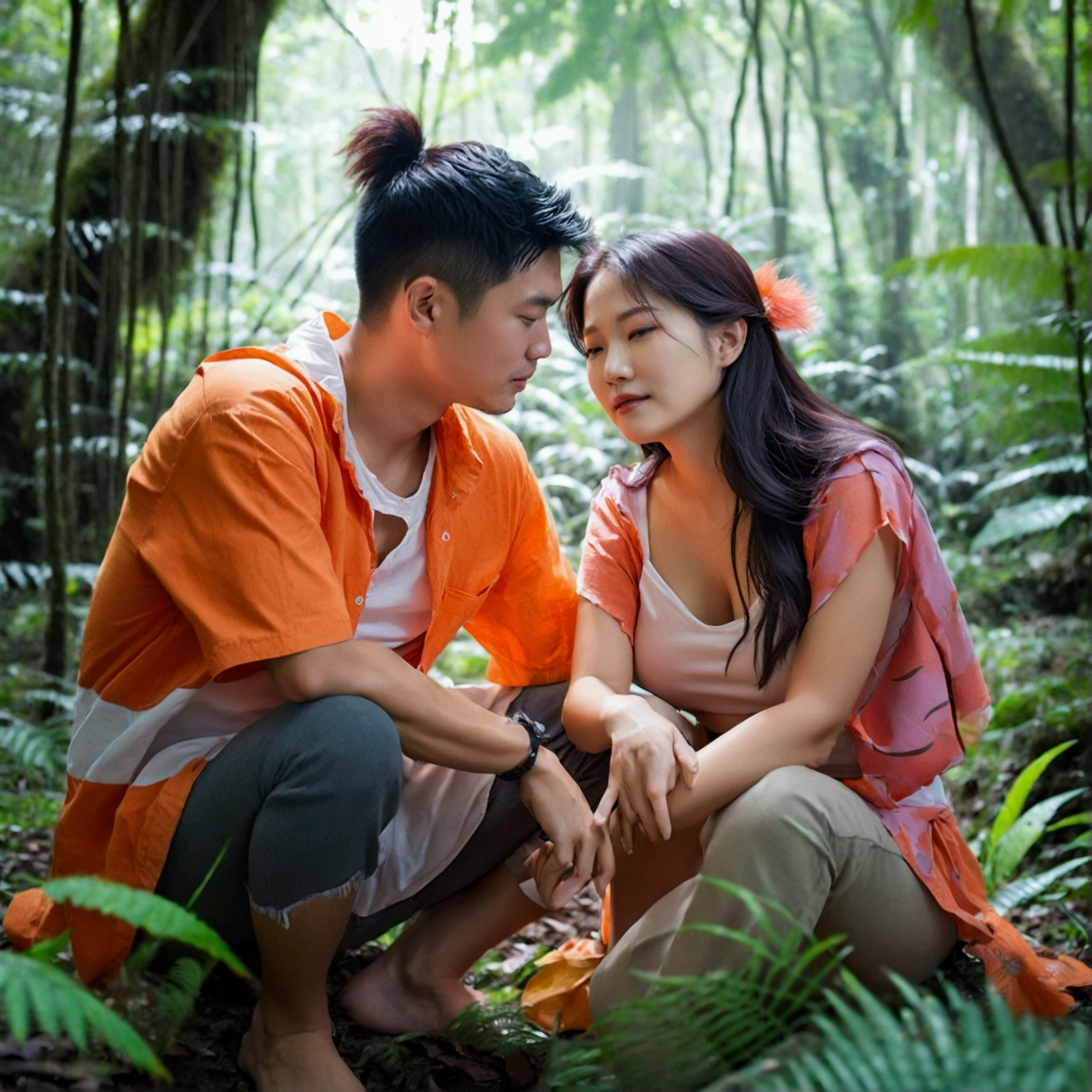 arafed couple sitting on the ground in the woods, couple pose, ruan jia and brom, roberto ferri and ruan jia, lovely couple, in forest, in forest jungle, in a forest, sitting in the forrest, in a tropical forest, lustful vegetation, casual photography, in a jungle environment, in jungle forest, in jungle