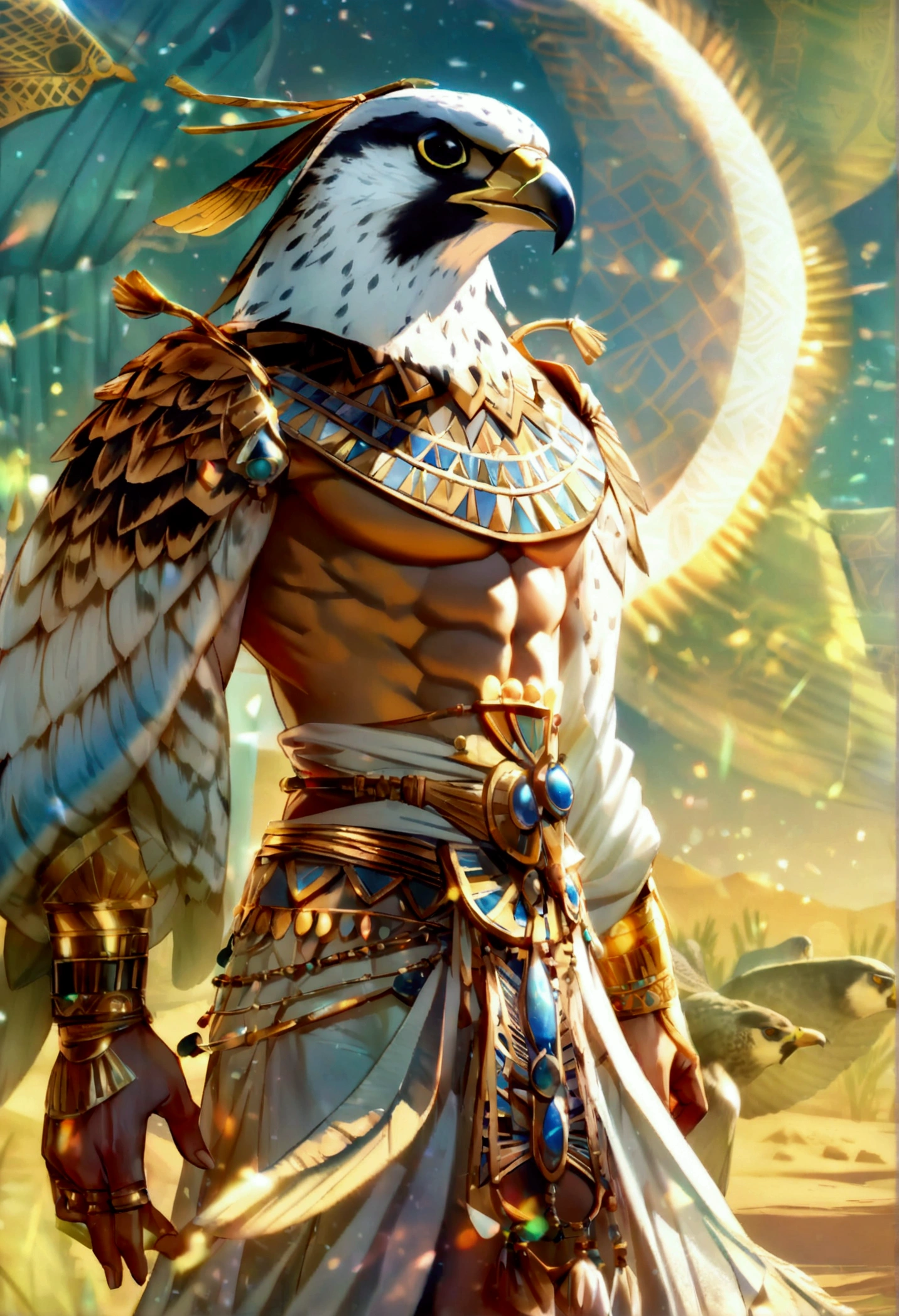 (((Man body and Peregrine falcon head))) Highest quality, Very high resolution, 4K fine CG, masterpiece, Egyptian mythology, Cons, moonlight,God of the universe, Ancient Egypt, Standing pose, night, White clothes , Egyptian clothing, desert, Ancient Egypt, ((Peregrine falcon head, Male Body)), beautiful, Beautiful images, In the center of the screen, Standing pose