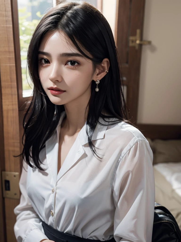 absurdres, RAW photo, extremely delicate and beautiful, masterpiece, Best Quality, ultra high resolution, 32k, hyperrealistic, ultra-detailed, perfect figure, in her 20s, very small head, very small face, delicate facial features, tearful mole, earring, huge , legs, full body shot, medium hair, black hair, colored inner hair, sweat, school_uniform,