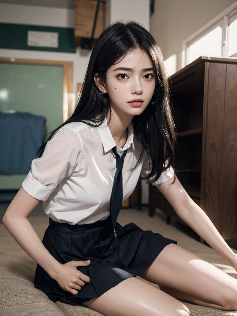 absurdres, RAW photo, extremely delicate and beautiful, masterpiece, Best Quality, ultra high resolution, 32k, hyperrealistic, ultra-detailed, perfect figure, in her 20s, very small head, very small face, delicate facial features, tearful mole, earring, huge breasts, legs, full body shot, medium hair, black hair, colored inner hair, sweat, school_uniform,