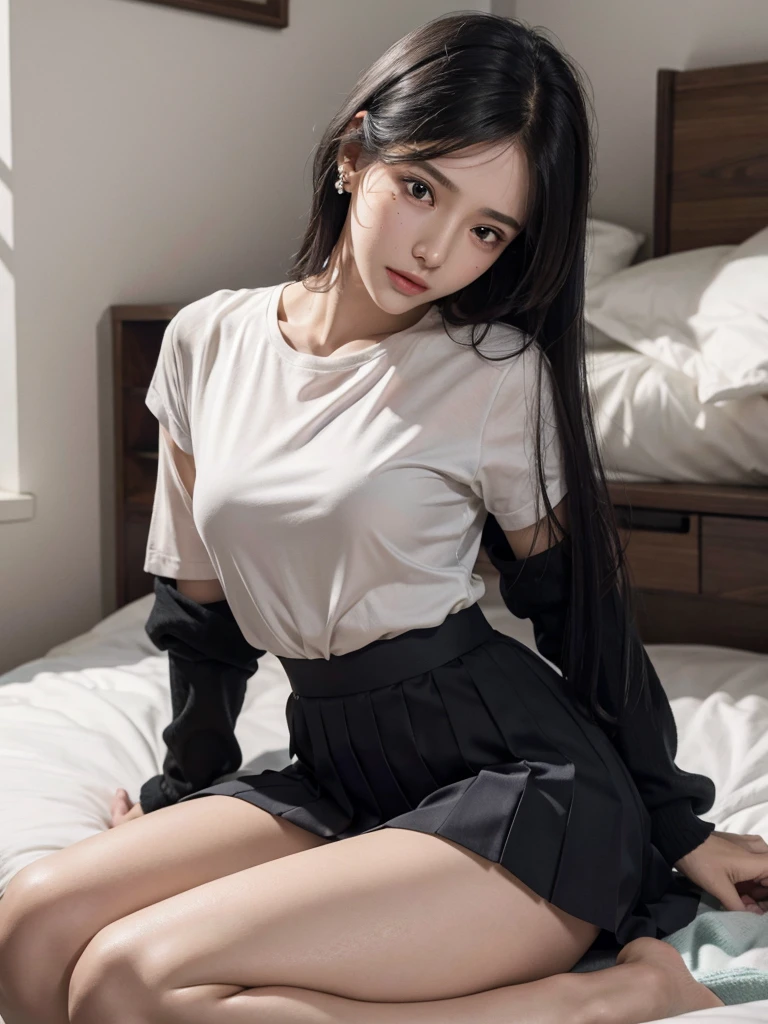 absurdres, RAW photo, extremely delicate and beautiful, masterpiece, Best Quality, ultra high resolution, 32k, hyperrealistic, ultra-detailed, perfect figure, in her 20s, very small head, very small face, delicate facial features, tearful mole, earring, huge breasts, legs, full body shot, medium hair, black hair, colored inner hair, sweat, school_uniform,