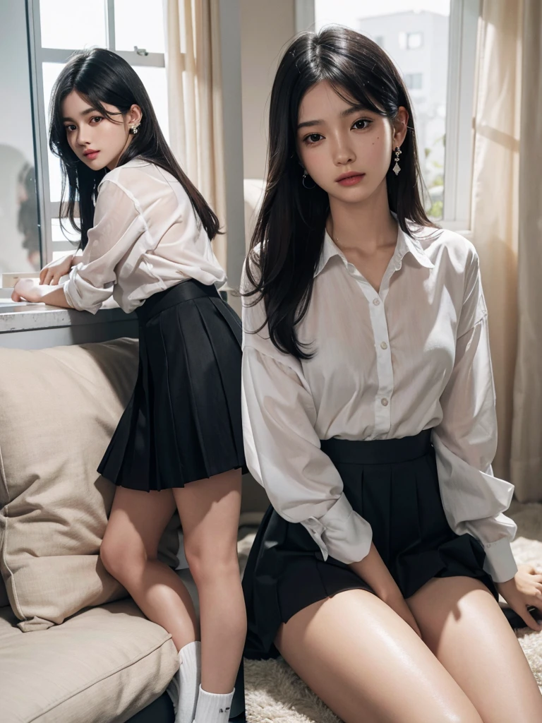 absurdres, RAW photo, extremely delicate and beautiful, masterpiece, Best Quality, ultra high resolution, 32k, hyperrealistic, ultra-detailed, perfect figure, in her 20s, very small head, very small face, delicate facial features, tearful mole, earring, huge breasts, legs, full body shot, medium hair, black hair, colored inner hair, sweat, school_uniform,