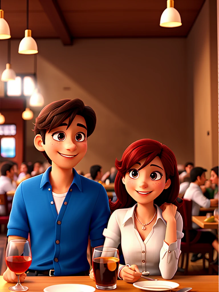 Couple in a restaurant having fun drinking at a romantic celebration. The woman on the left with her hand on the man's arm. Man wears glasses, He's got a watch and he wears a beard. They are both smiling.